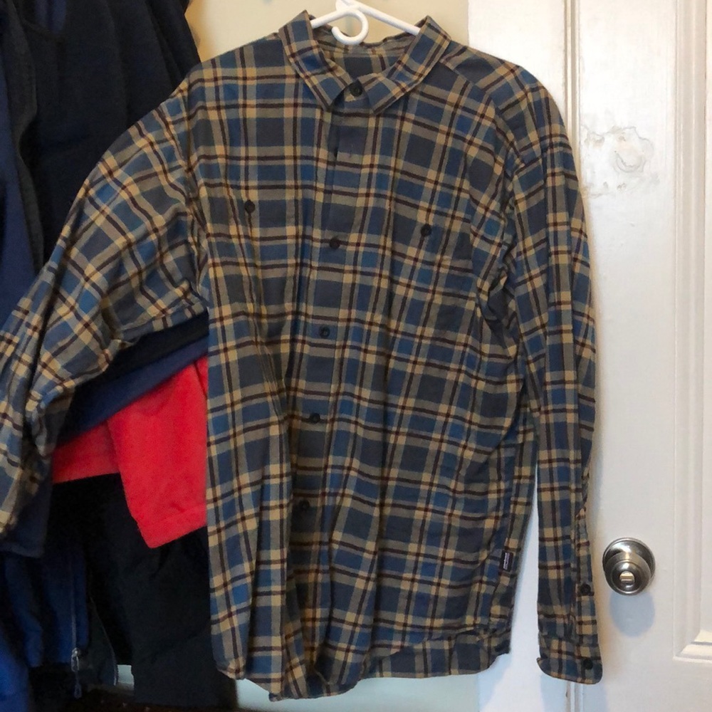 Blue and tan flannel shirt